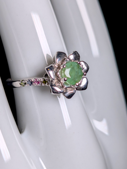 Vintage Multi-stone Earth Mined Round Cut Genuine Emerald Solitaire with Ruby, Chrome Diopside and Sapphire Accented Flower Sterling Silver Ring