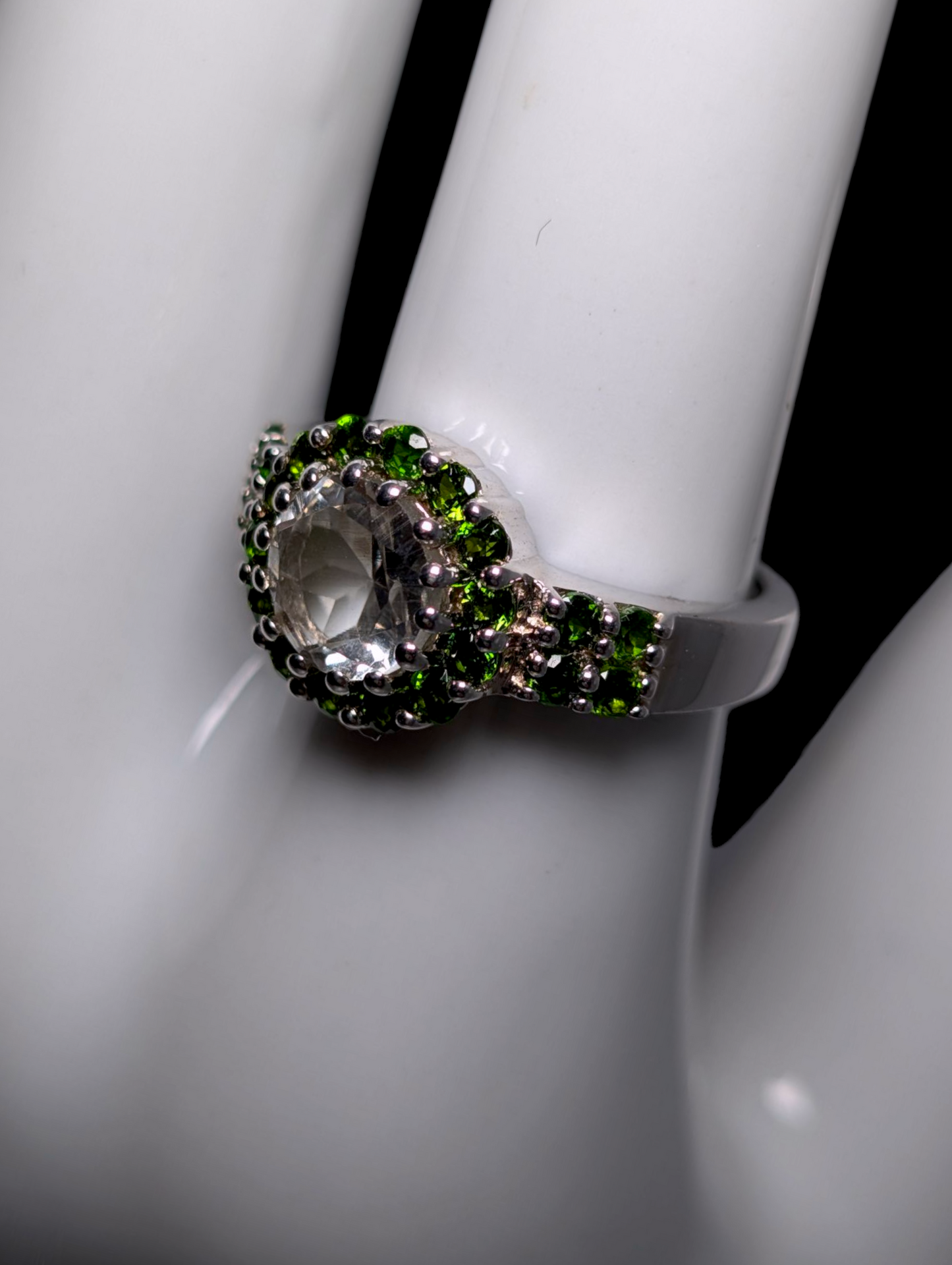 Vintage Round Brilliant Cut Earth Mined Genuine Rock Crystal Quartz Solitaire with Chrome Diopside Halo Sterling Silver Ring
