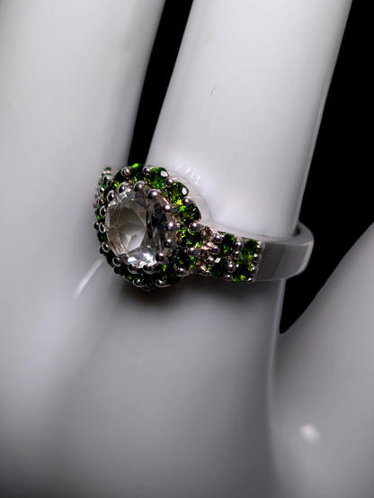 Vintage Round Brilliant Cut Earth Mined Genuine Rock Crystal Quartz Solitaire with Chrome Diopside Halo Sterling Silver Ring