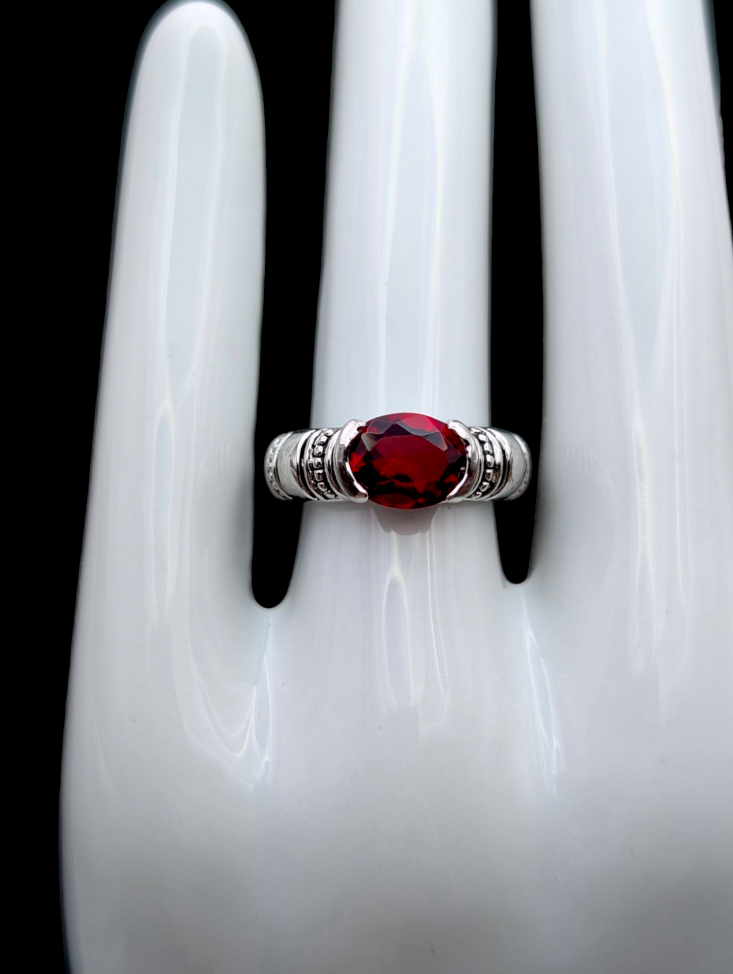 Vintage Oval Cut Simulated Red Garnet Solitaire Lia Sophia Silver Toned Studded Ring