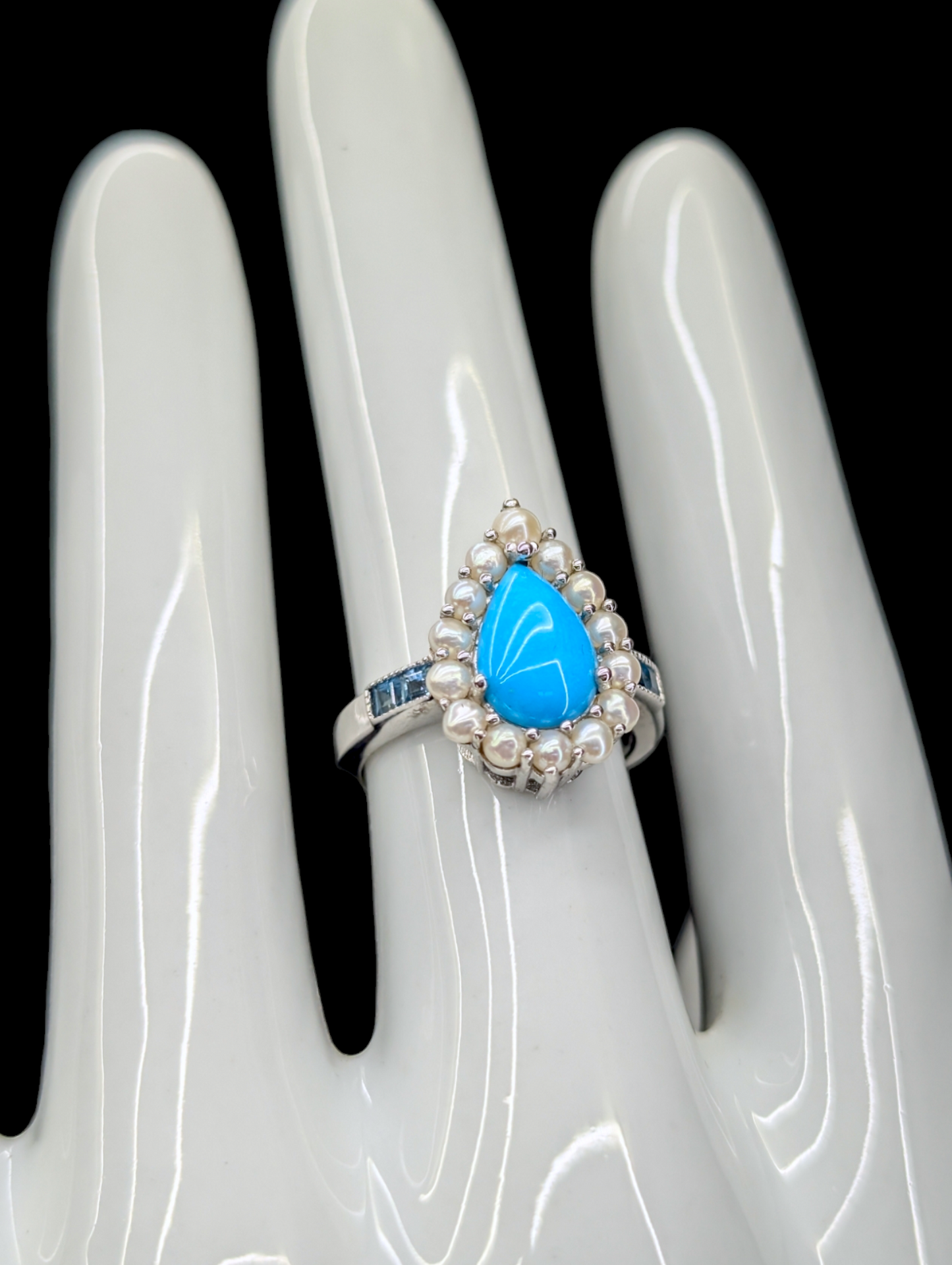 Vintage Pear Cut Genuine Sleeping Beauty Turquoise, Sky Blue Topaz and Cultured Pearl Halo Sterling Silver Ring