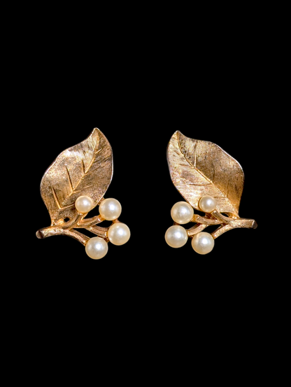 1960s Vintage Trifari Crown Leaf and Pearl Costume Earrings