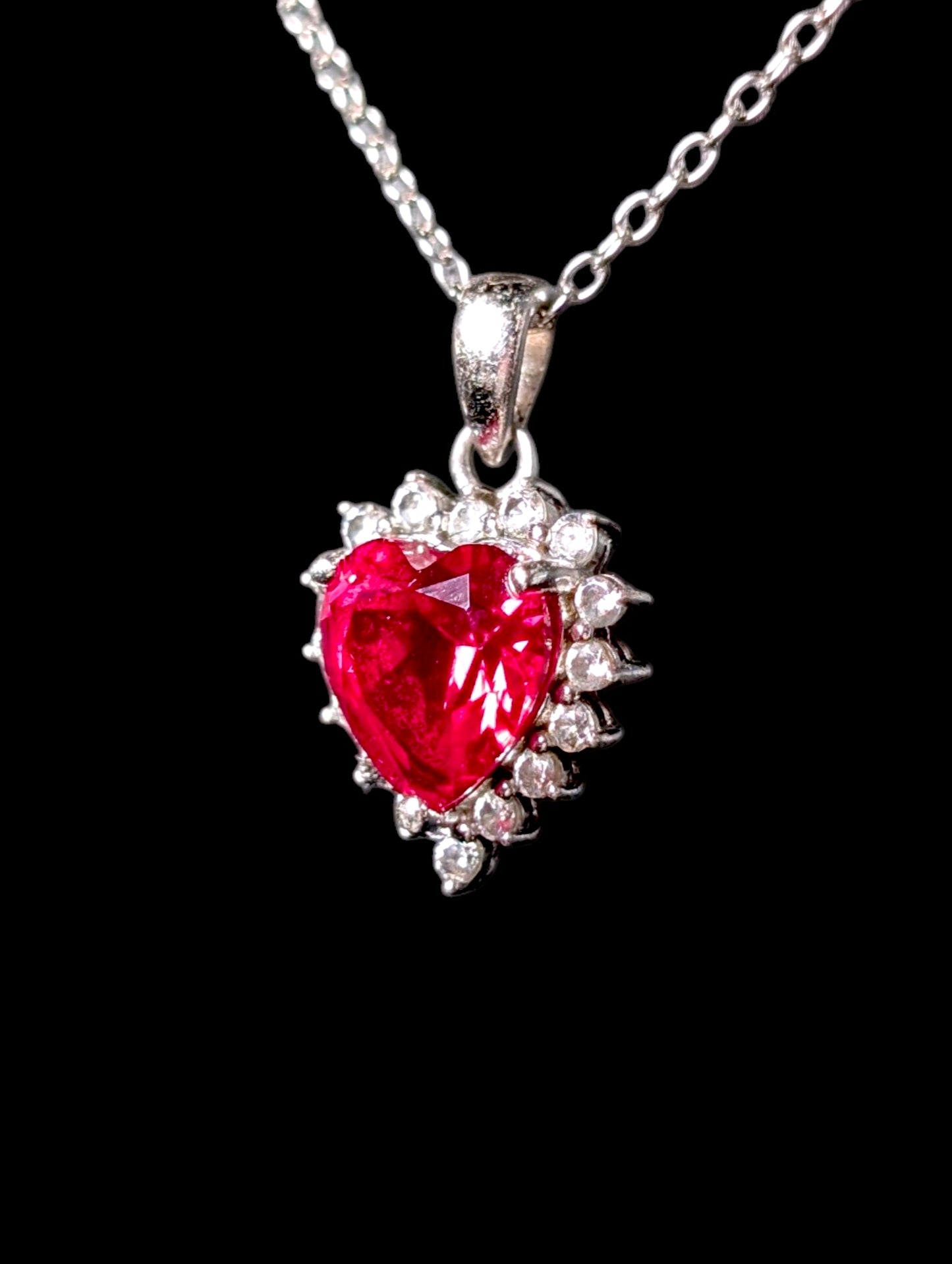 Vintage Genuine Ruby Heart, Simulated Diamond Halo Sterling Silver Pendant
