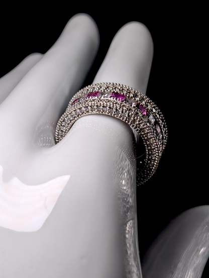 Vintage Sparkling Genuine Pink Sapphire and Simulated Diamond Sterling Silver Band Ring