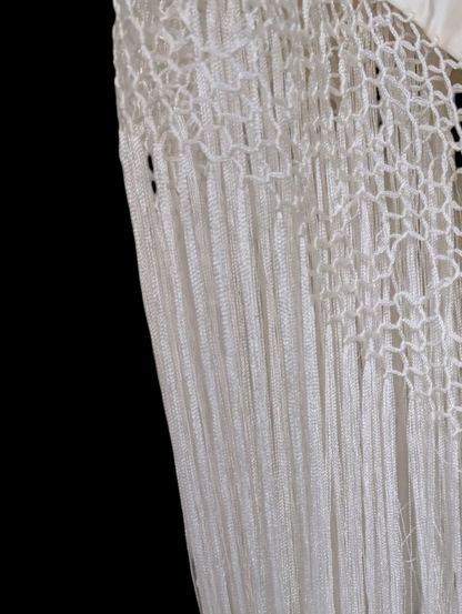 Antique Rare Manton De Manila Embroidered Florals Silk Flamenco Piano Shawl in White with Hand Knotted Macrame Fringe