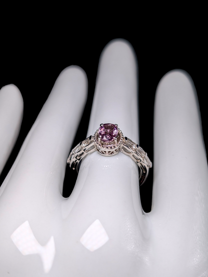 Vintage Elegant Oval Solitaire Genuine Pink Sapphire with White Topaz Accent Stones and Sterling Silver Studded Halo Ring