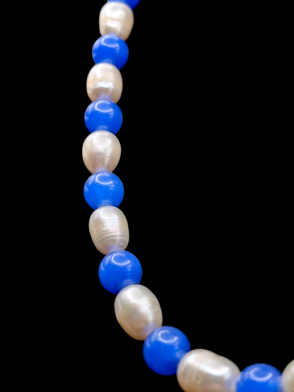 Vintage Single Strand Genuine Freshwater Pearl and Blue Jade  Necklace