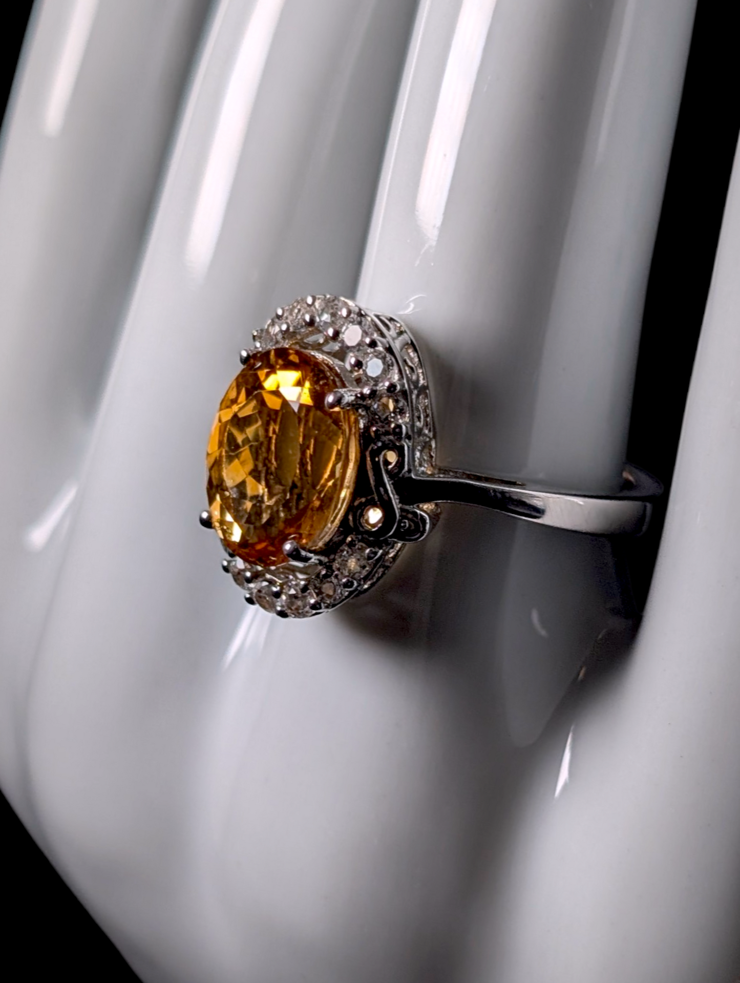 Vintage Dazzling 5+ Carat Oval Cut Genuine Golden Citrine Solitaire with White Topaz Halo Sterling Silver Statement Ring