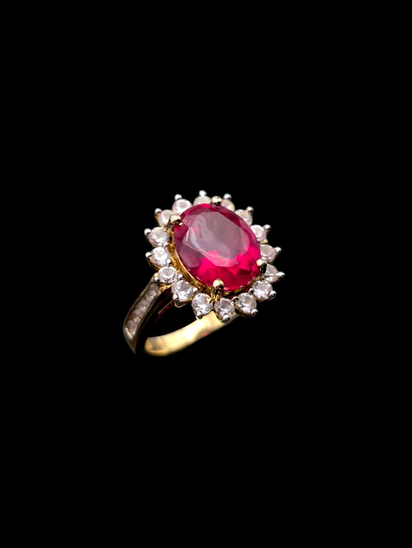 Vintage Oval Cut Genuine Ruby Solitaire with White Sapphire Halo 18k Gold Vermeil Statement Ring