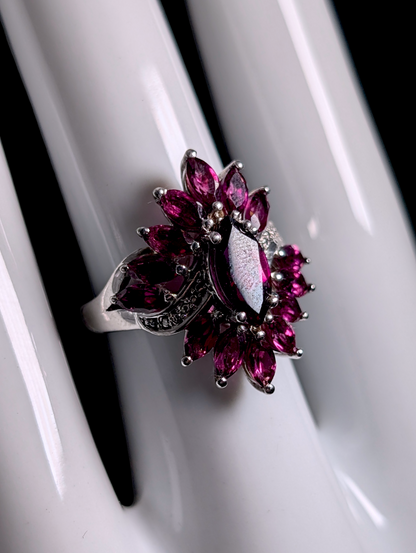 Vintage Crossover Cluster Genuine Raspberry Garnet Sterling Silver Ring