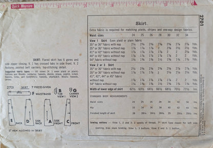 1950s Original Vintage Sewing Pattern: Simplicity 2701 Waist 30"