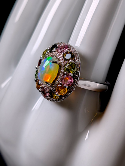 Vintage Designer Carol Brodie Genuine Ethiopian Fire Opal and Rainbow Tourmaline Halo Sterling Silver Cocktail Statement Ring