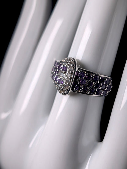 Vintage Genuine Amethyst and White Sapphire Belt Sterling Silver Ring