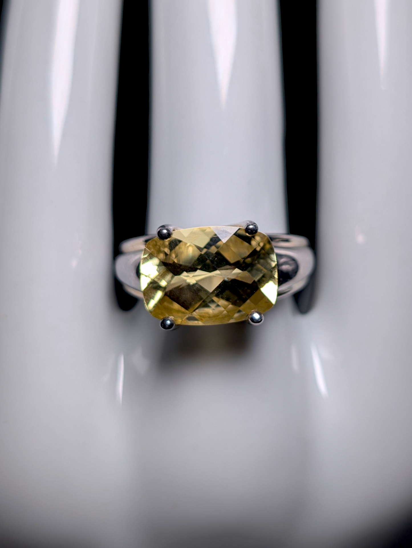 Vintage 8+ Carat East West Checkerboard Cushion Cut Genuine Pale Yellow Citrine Solitaire Sterling Silver Statement Ring