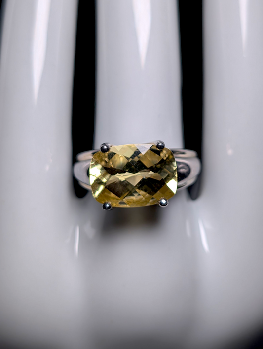 Vintage 8+ Carat East West Checkerboard Cushion Cut Genuine Pale Yellow Citrine Solitaire Sterling Silver Statement Ring