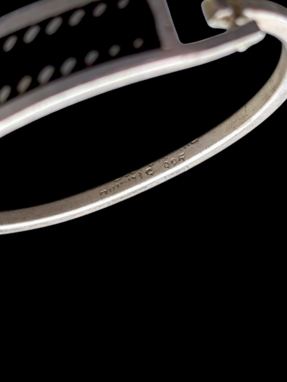 Vintage Black Onyx Enamel Taxco Solid Sterling Silver Hinge Bracelet