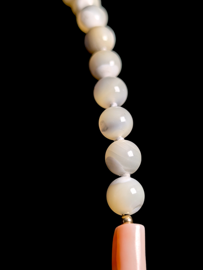 Vintage Genuine Mother of Pearl, Coral and 14k Yellow Gold Beads with Hand Painted Chinese Lotus Cloisonné Hand Knotted Necklace