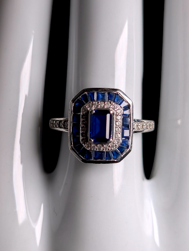 Vintage Art Deco Inspired Genuine Cornflower Blue Sapphire Emerald Cut Solitaire with White Sapphire Double Halo Plum Milor Italian Sterling Silver Ring