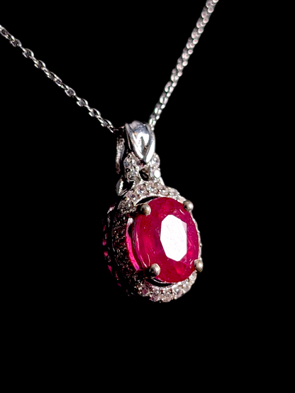 Vintage Earth Mined Genuine Ruby and White Zircon Halo Pendant and Sterling Silver Chain Necklace