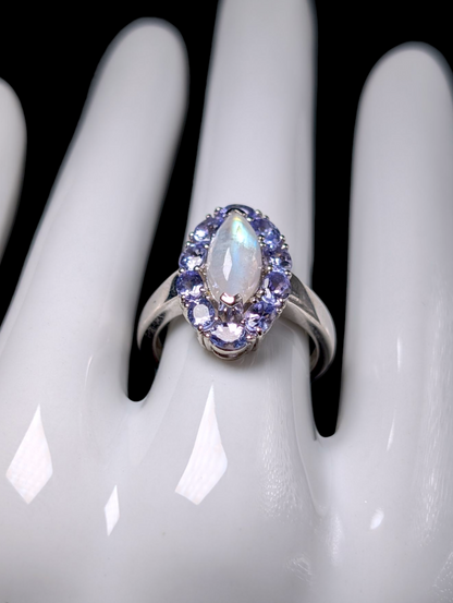 Vintage Mystical Marquise Cabochon Genuine Rainbow Moonstone and Tanzanite Sterling Silver Ring