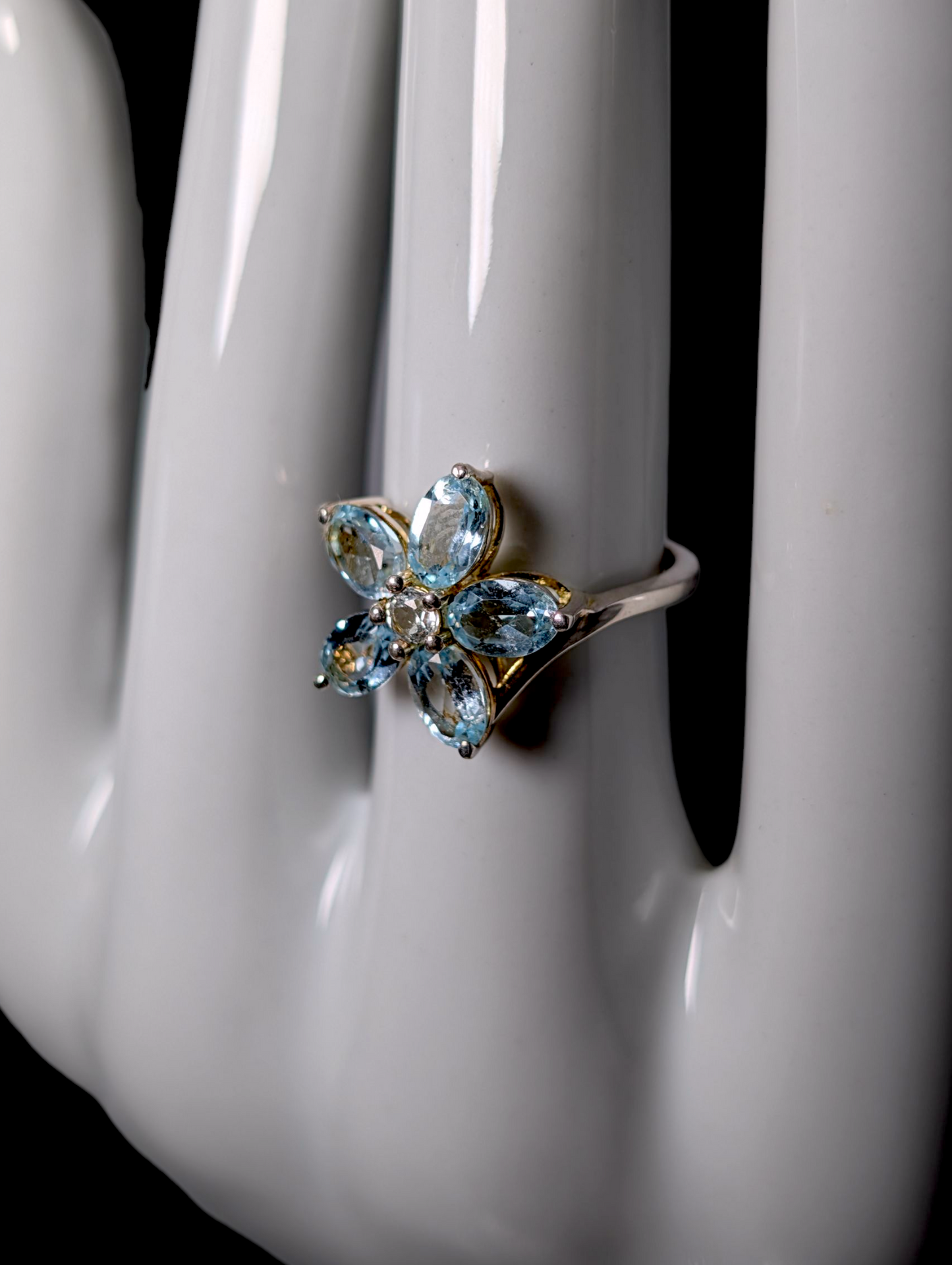 Vintage Flower Design Genuine Sky Blue and White Topaz Dainty Sterling Silver Ring