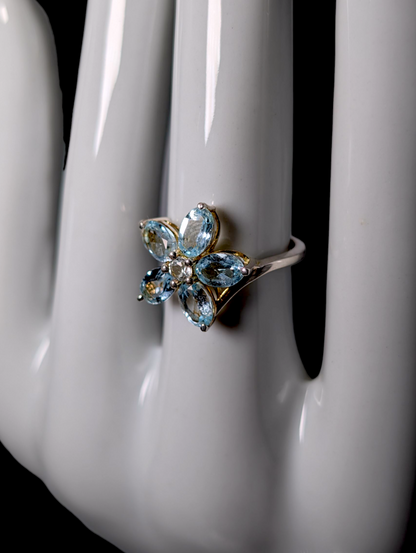 Vintage Flower Design Genuine Sky Blue and White Topaz Dainty Sterling Silver Ring