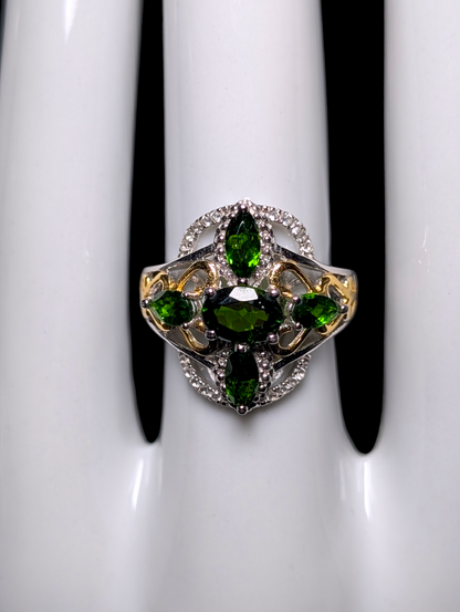 Vintage Inspired Genuine Chrome Diopside with White Topaz Accents 14k Yellow Gold Filigree and Rhodium over Sterling Silver Ring