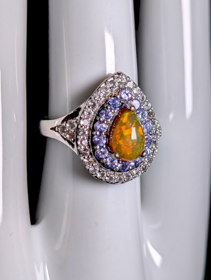 Vintage Inspired Genuine Fire Opal, Tanzanite, and White Zircon Double Halo Sterling Silver Ring