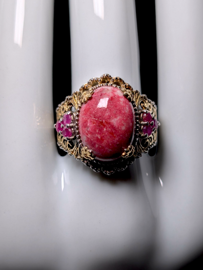 Vintage Earth Mined Genuine Thulite and Ruby Accent Stones 14k Yellow Gold Filigree and Sterling Silver Ring