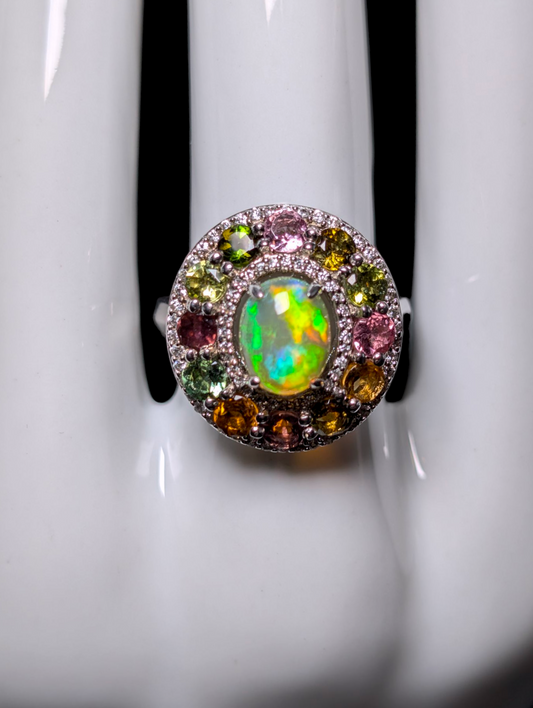 Vintage Designer Carol Brodie Genuine Ethiopian Fire Opal and Rainbow Tourmaline Halo Sterling Silver Cocktail Statement Ring