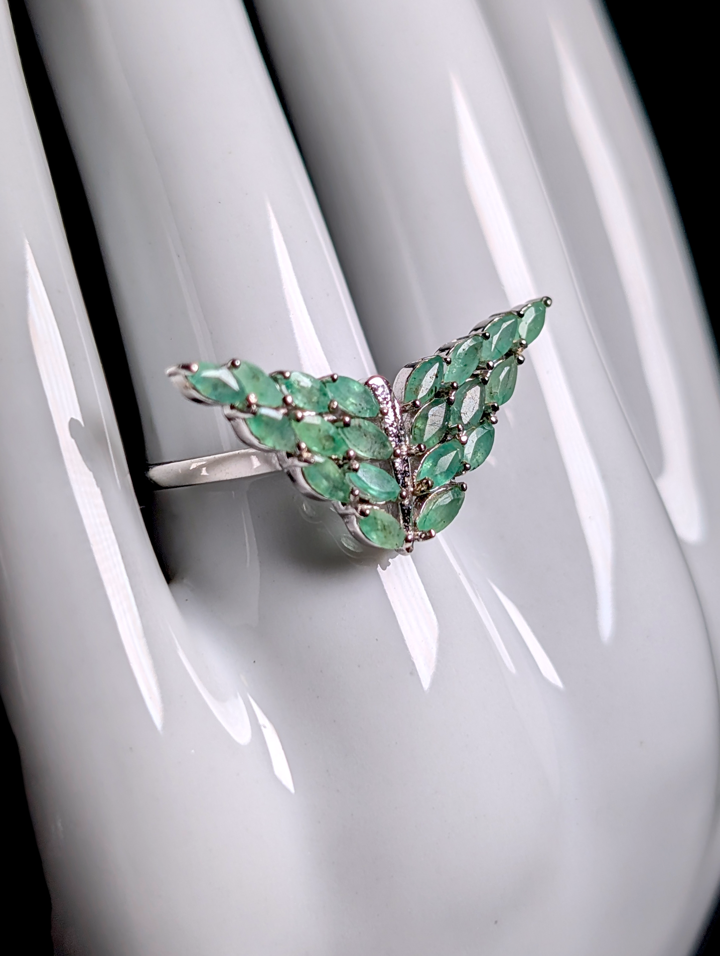 Vintage Inspired Butterfly Genuine Emerald Sterling Silver Ring