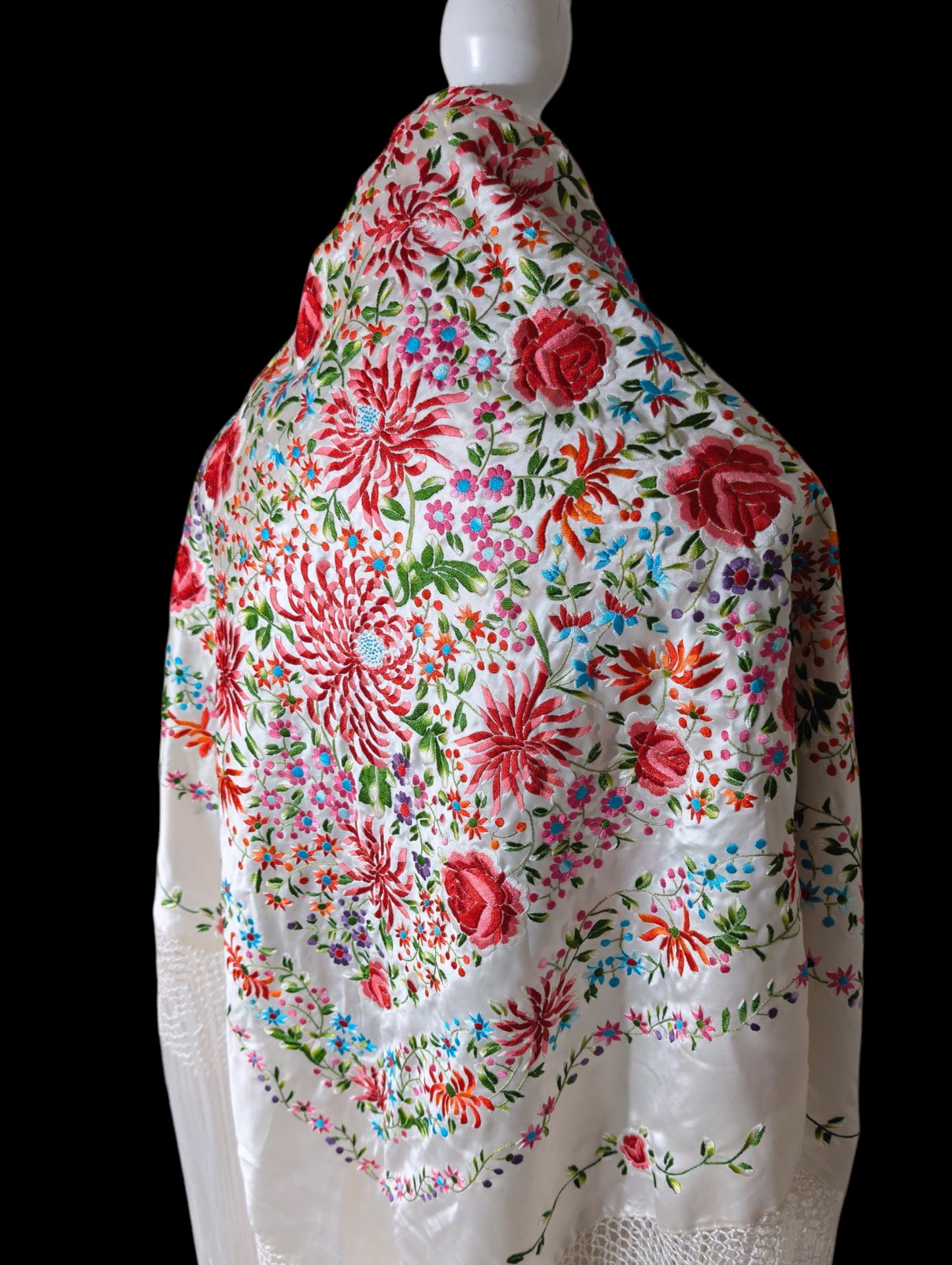 Antique Rare Manton De Manila Embroidered Florals Silk Flamenco Piano Shawl in White with Hand Knotted Macrame Fringe