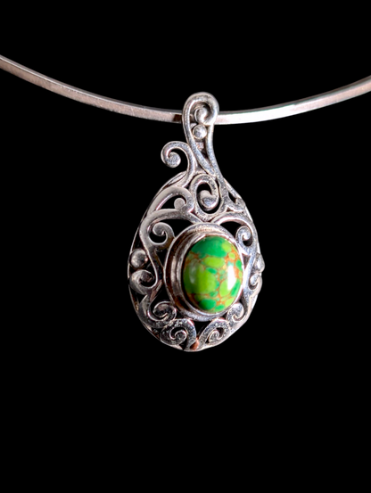 Vintage Oval Cut Bezel Cabochon Genuine Green Turquoise Sterling Silver Filigree Pendant