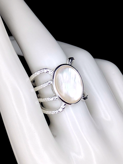 Vintage Inspired Oval Mother of Pearl Solitaire With Split Shank Silver Toned Cocktail Statement Ring