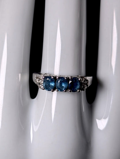 Vintage 3 Stone Genuine Blue Sapphire and White Topaz Band Sterling Silver Ring