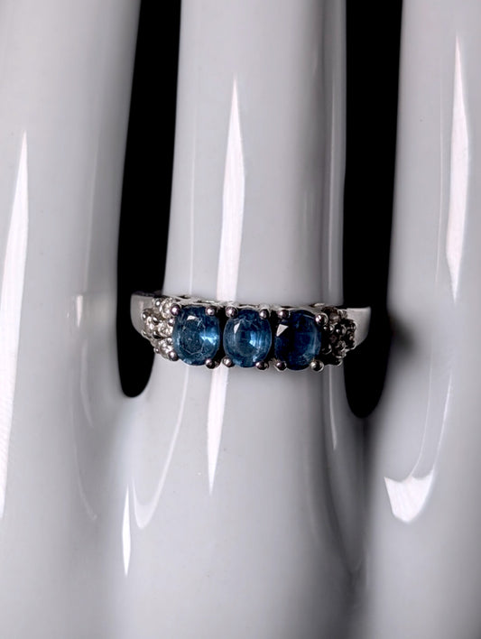 Vintage 3 Stone Genuine Blue Sapphire and White Topaz Band Sterling Silver Ring