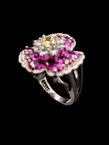 Vintage Pink Sapphire and Simulated Diamond 18k White Gold HGE Sterling Silver Ring