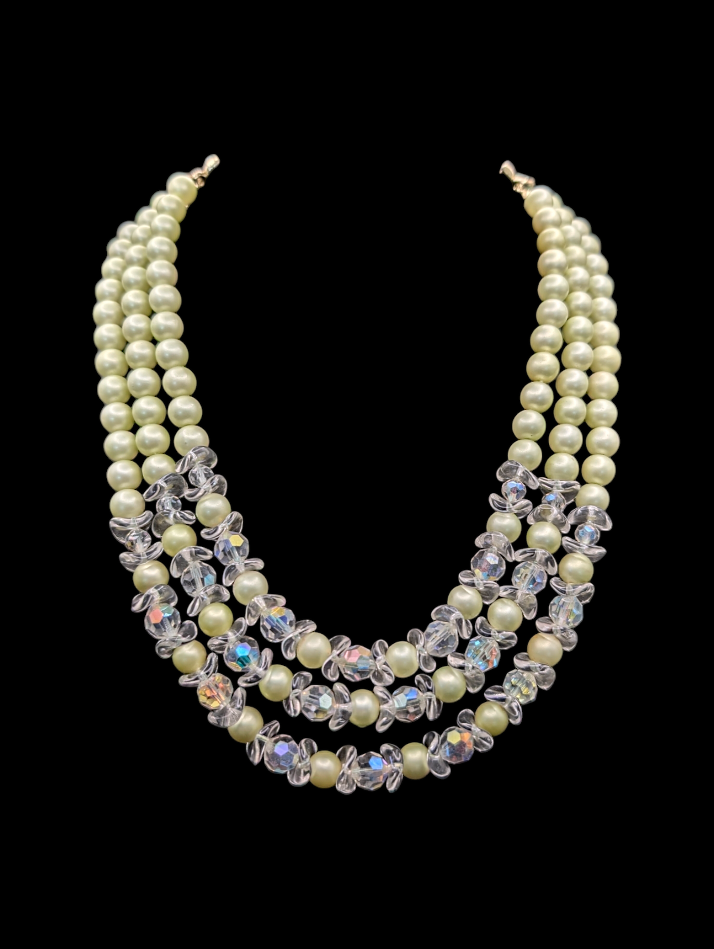 1950s Seafoam Green Freshwater Faux Pearl 3 Strand Necklace with Aurora Borealis Crystal Beads