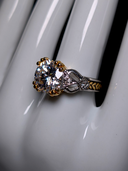 Vintage Brilliant Round Cut Simulated Diamond with Braided 18K Gold over Sterling Cocktail Statement Vacation Ring