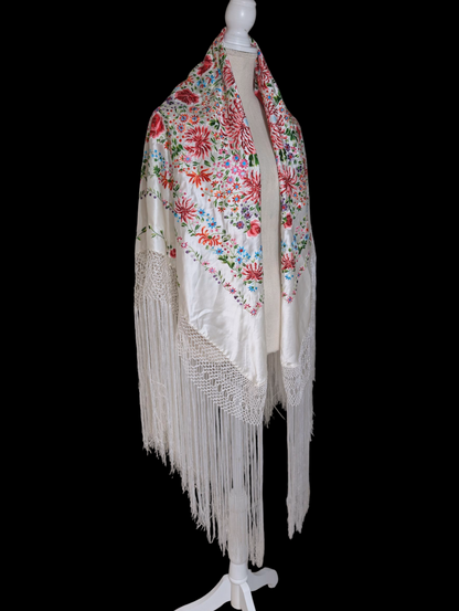Antique Rare Manton De Manila Embroidered Florals Silk Flamenco Piano Shawl in White with Hand Knotted Macrame Fringe