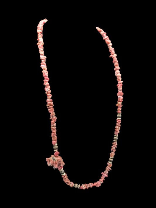 Vintage Carved Elephant Rhodonite Chip Necklace with Silver Beads