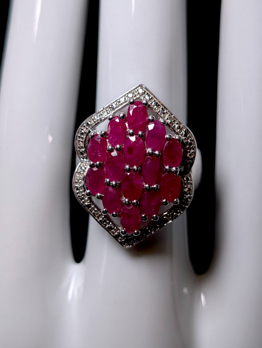 Vintage 3 Carat Earth Mined Genuine Ruby and Diamond Halo Sterling Silver Cluster Statement Ring