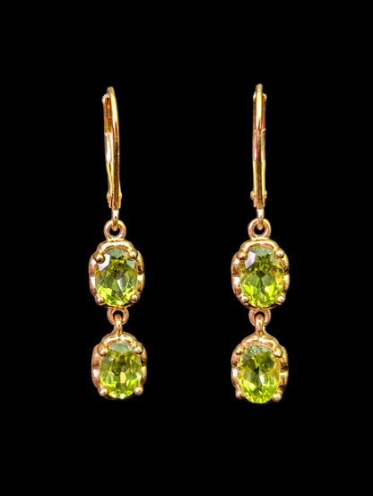 Vintage Oval Cut Genuine Peridot 18k Gold Vermeil Dangle Leverback Earrings