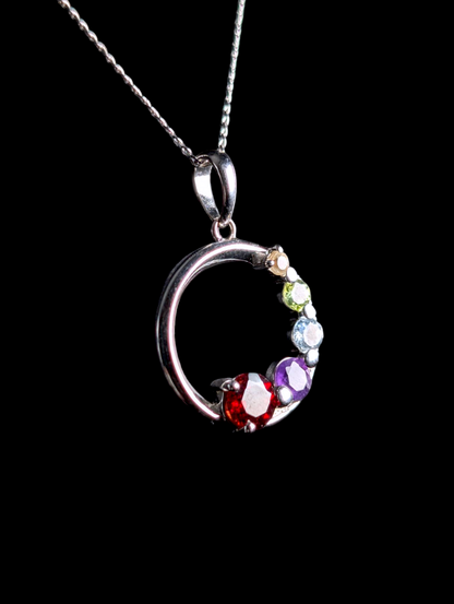 Vintage Dainty Circle Multi-Stone Genuine Garnet, Amethyst, Topaz, Peridot, and Citrine Sterling Silver Pendant