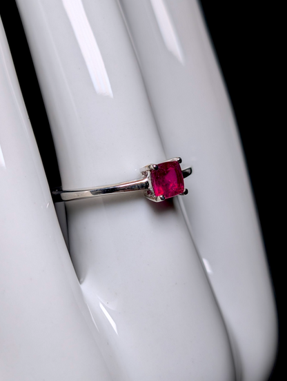 Vintage Princess Cut Genuine Ruby Solitaire Sterling Silver Dainty Stackable Ring