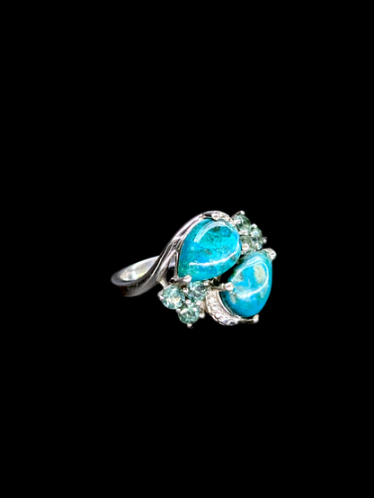 Vintage Genuine Kingsman Turquoise Double Pear Cut with Blue Green Tourmaline Accents Sterling Silver Ring