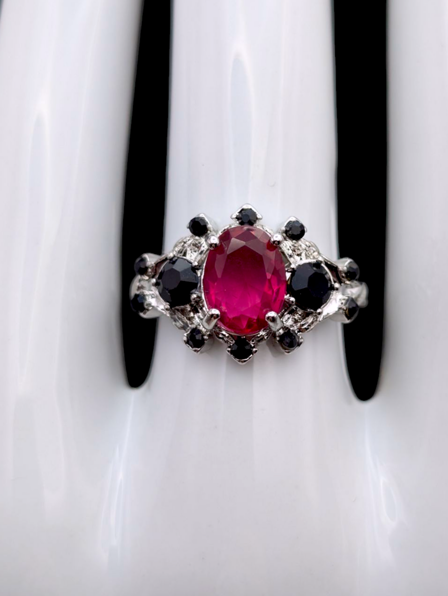 Vintage Oval Cut Simulated Pink Sapphire Solitaire and Simulated Black Diamond Silver Toned Ring