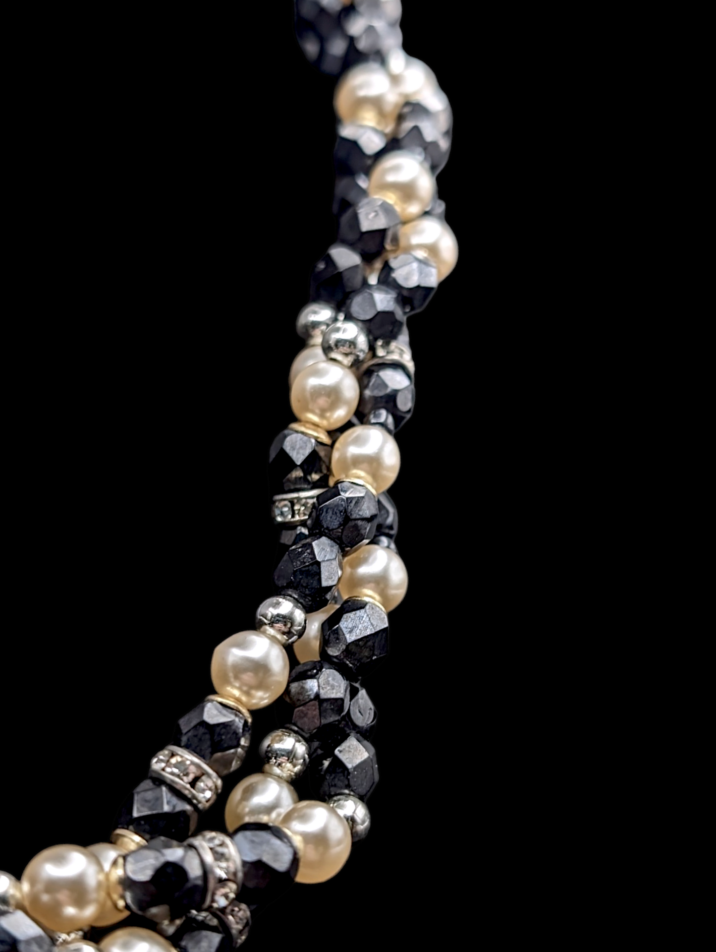 1950s 3 Strand Pearl, Black Faceted, and Silver Bead Necklace