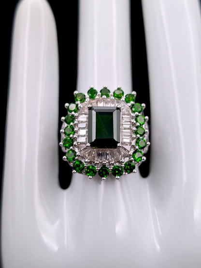 Vintage Art Deco Inspired Emerald Cut Genuine Chrome Diopside, Peridot and White Topaz Baguette Staggered Starburst Halo Sterling Silver Ring