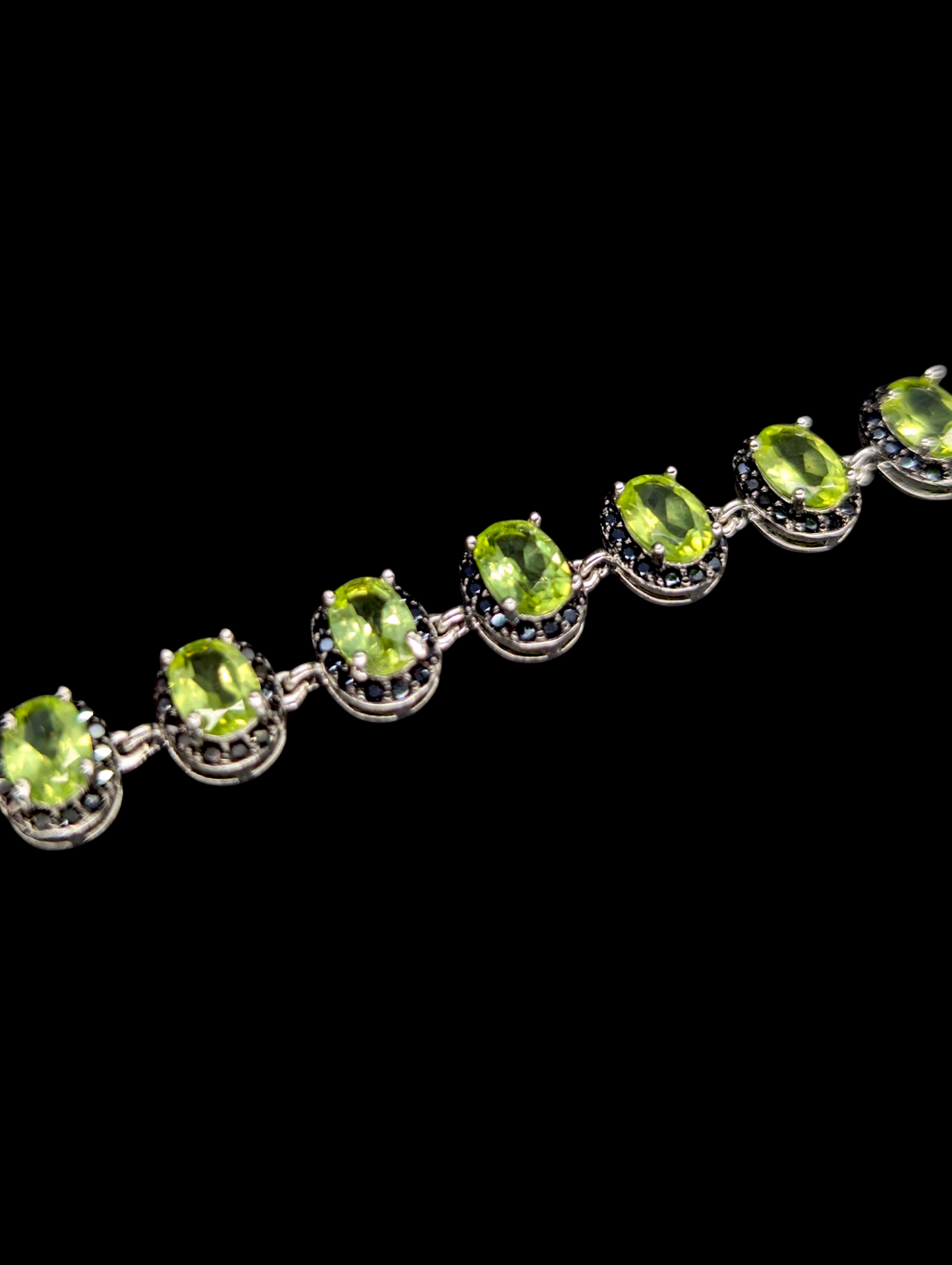Vintage Genuine Peridot and Black Spinel Gemstone Sterling Silver Tennis Bracelet